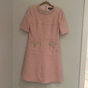 Pale Pink Chanel-Inspired Tweed Pearl and Silver Bead Embellished Dress.